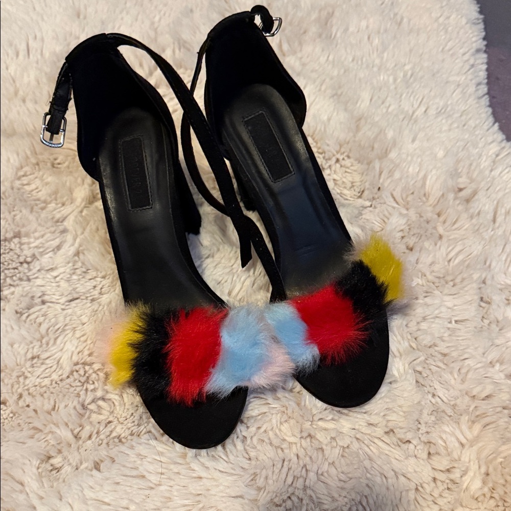 Forever 21 Black Heels with Multicolor Fur Strap